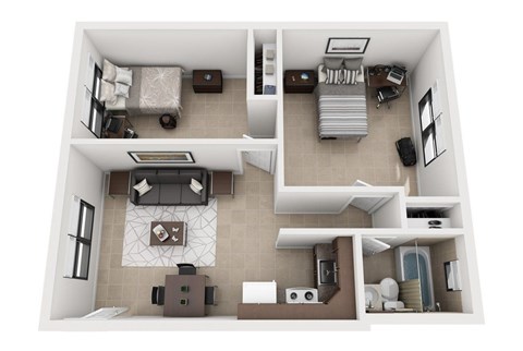 A top-down view of a small apartment with a bedroom, living room, and kitchen.